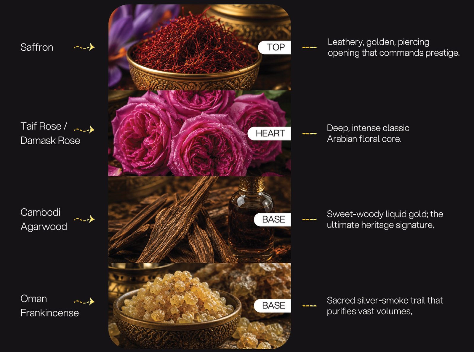 Dhan Al Oudh Malaki formulation architecture: Saffron, Taif Rose / Damask Rose, Cambodian Agarwood, Oman Frankincense