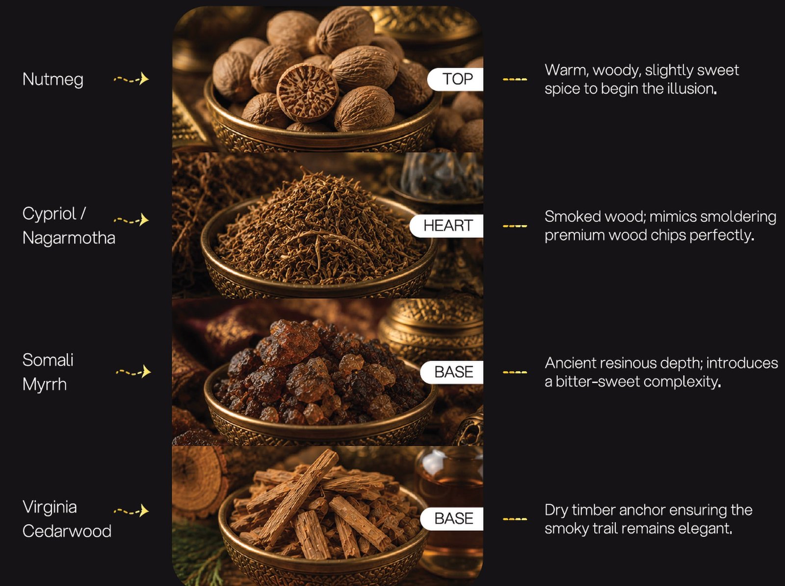 Bakhoor Nights formulation architecture: Nutmeg, Cypriol / Nagarmotha, Somali Myrrh, Virginia Cedarwood