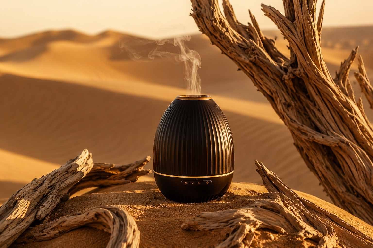 Black fluted diffuser on desert sand beside weathered agarwood branches